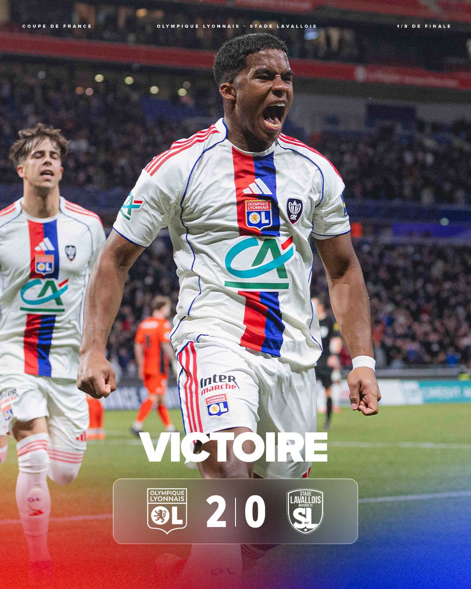 VITÓRIA E VAGA NAS QUARTAS ✅🦁

O Lyon derrota o Laval pela Copa da França com gols de Endrick e Afonso Moreira. VAMOOOO 🔥

2-0 #OLSL