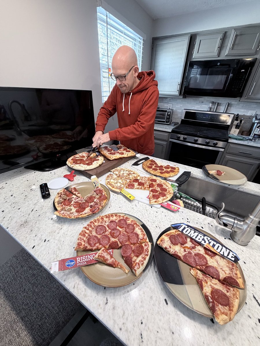 MHudoba's tweet photo. In preparation for @SuperBowl Sunday, we (@matthewdoyly and @mdhaves and Brett) did a frozen pizza taste test to determine the best frozen pizza you can buy from @kroger.  To keep things consistent, we purchased (when available) standard crust and pepperoni or cheese. (1/6) https://t.co/OQtkMkQV2d