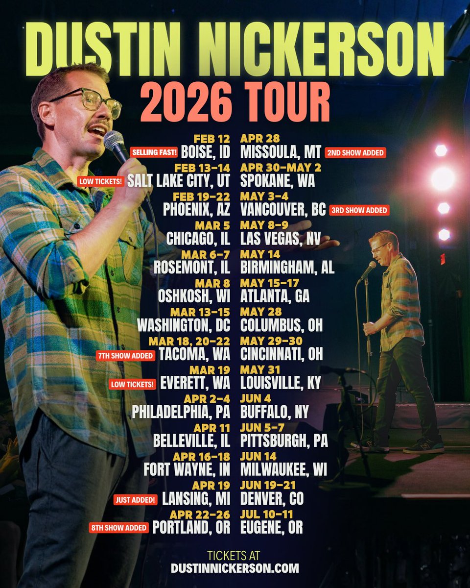 DustinNickerson's tweet photo. Salt Lake almost sold out. New shows in Lansing, added shows in Tacoma and Missoula. Low tickets in Everett, high tickets in Vegas.

Dad is on tour, now, forever, amen. https://t.co/KQxipocde4