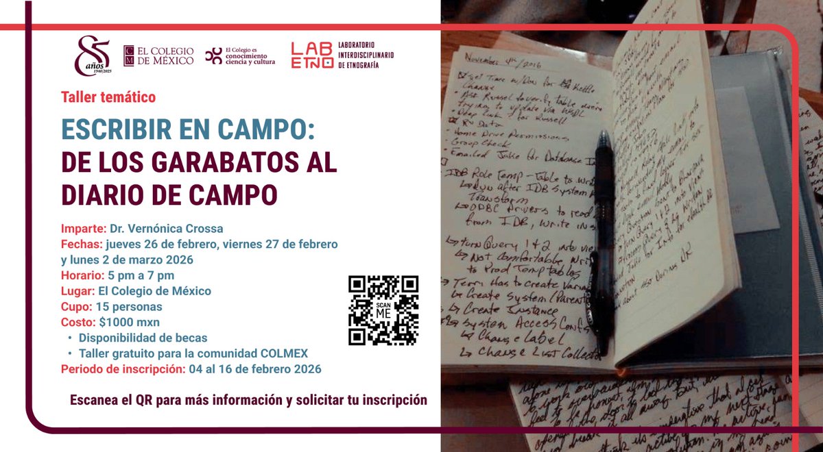 LABETNOCOLMEX's tweet photo. ¡Les invitamos a nuestro nuevo taller temático! No se pierdan este espacio para reflexionar sobre escribir en campo. Para más información y solicitar tu inscripción ve al siguiente link: https://t.co/6D75bAODKV https://t.co/v28bpURMHU