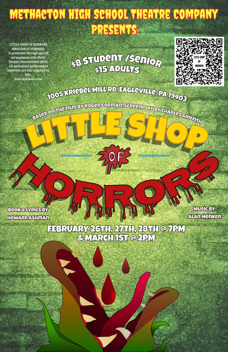 The Methacton High School Theatre Company is thrilled to announce its upcoming production of the hit musical, Little Shop of Horrors. Featuring book and lyrics by Howard Ashman and music by Alan Menken, this show is a dark musical comedy about ambition, love, and the consequences