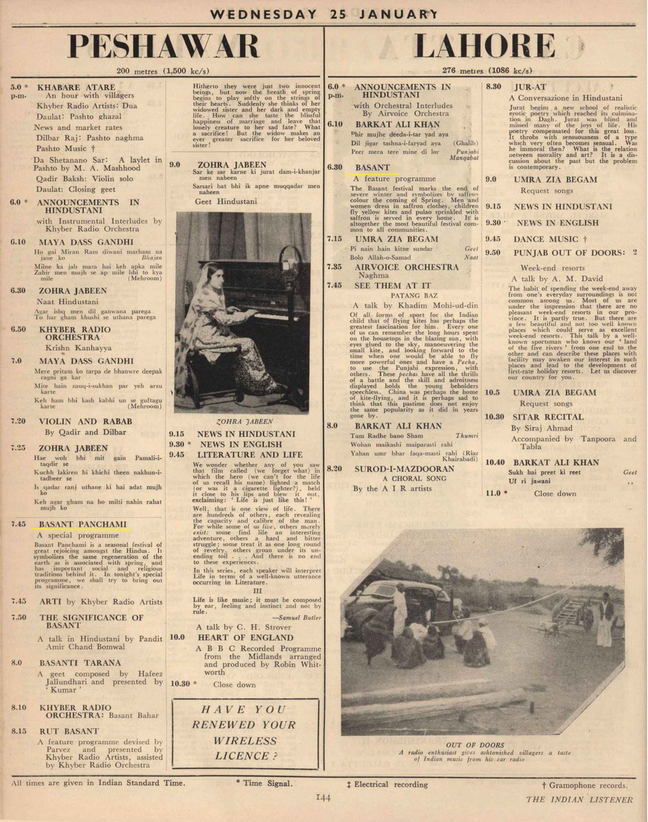 Note that even kites in the Basant used to be specifically of yellow colour. 

The page is from The Indian Listener, Vol. IV. No. 2. (7th January 1939). It mentions it as a Hindu festival but does say that all communities of Lahore celebrate it.