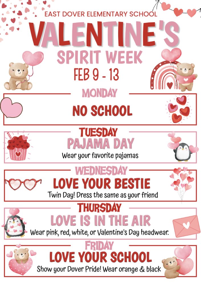 EDETIGERS's tweet photo. Love is in the air at East Dover! ๐ Join us Feb. 9โ13 for Valentineโs Spirit Week โ PJs, Twin Day, Mismatched fun, Valentine colors, and Dover Pride in orange & black! We canโt wait to see the smiles and school spirit all week long! ๐งก๐ค #EastDover #SpiritWeek #DoverPride https://t.co/PMcxqF80Xg