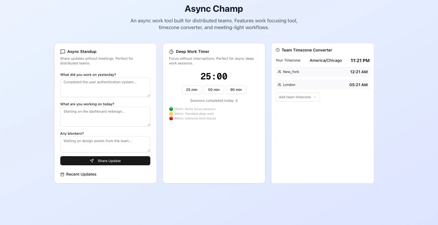 An async work tool built for distributed teams. Features work focusing tool, timezone converter, and meeting-light workflows.