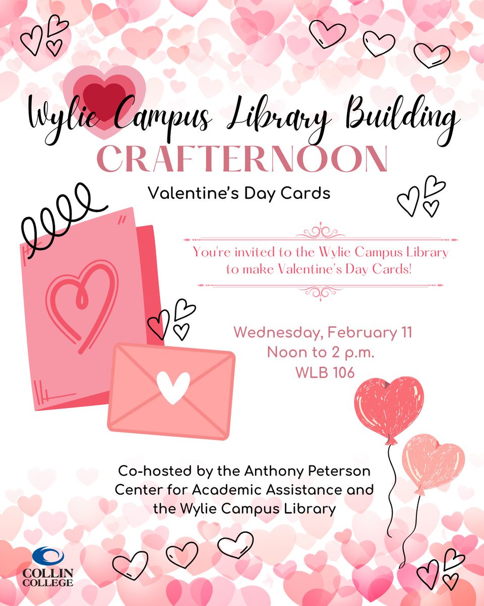 💌Show your loved ones how much you care by giving them a handmade Valentine card! Visit the Wylie Campus Library on Wednesday Feb 11 between noon and 2:00pm for a "Crafternoon" session and make something lovely. See you there!