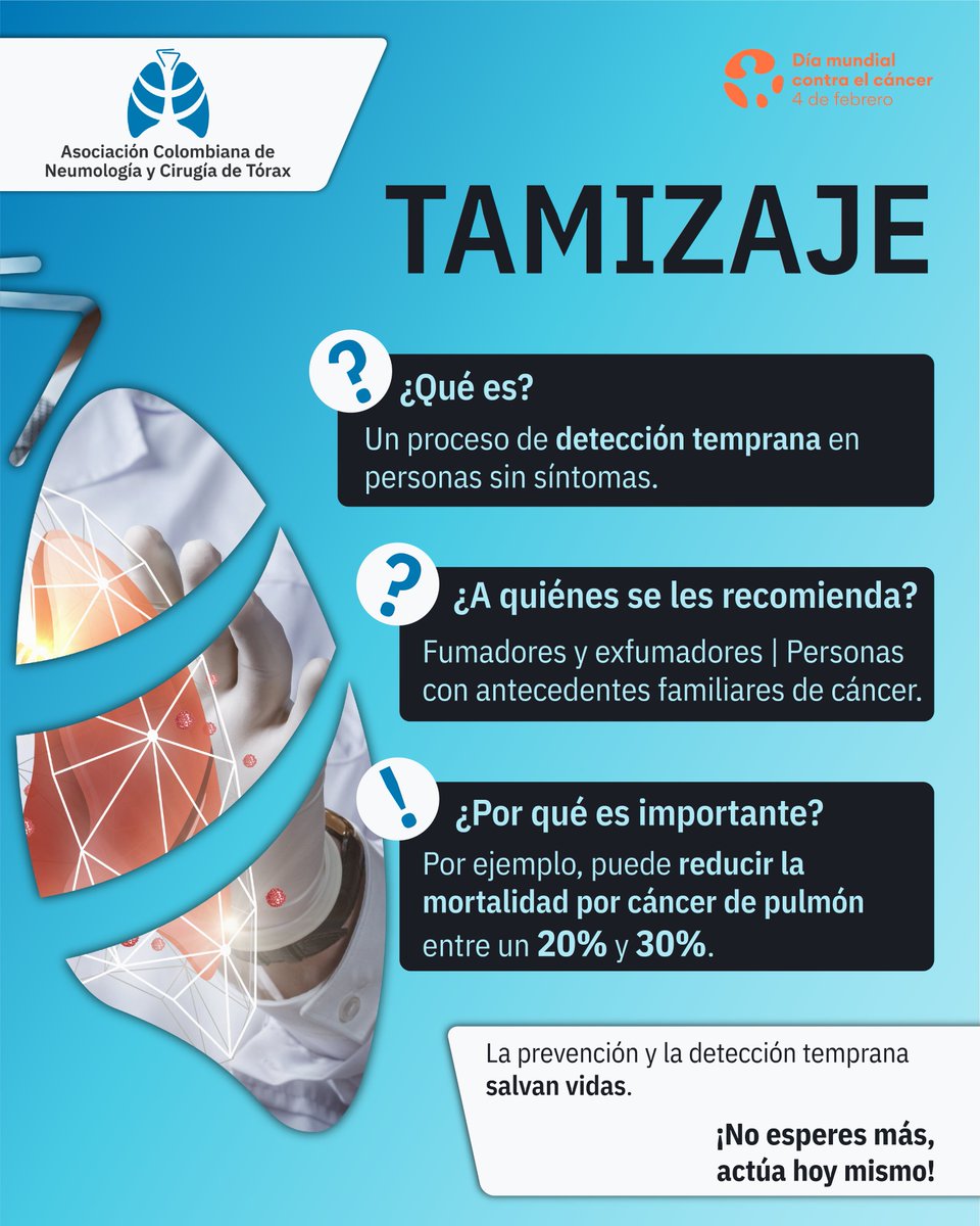 asoneumocito142's tweet photo. 🔍 El tamizaje detecta el cáncer en etapas tempranas y puede reducir la mortalidad por cáncer de pulmón hasta en un 30%. #DíaMundialContraElCáncer https://t.co/uvbLRPoujj