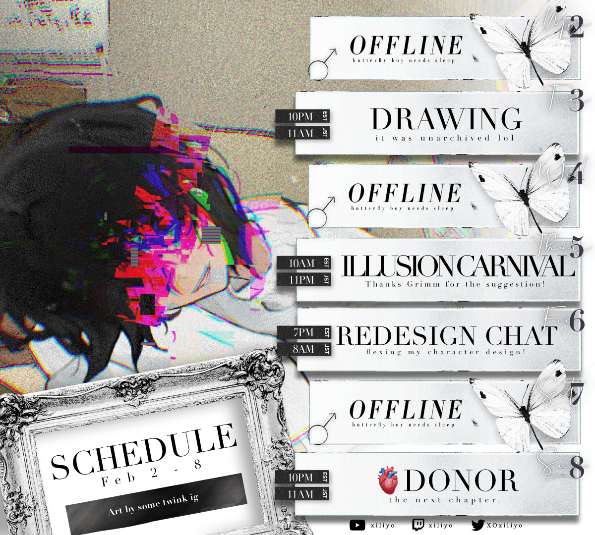 XOxiliyo's tweet photo. ʚ WEEK OF FEBRUARY 2 - 8 ɞ
Me and bel mightttt do guerilla overwatch at sometime this week too
▪︎ General : #Xiliyo
▪︎ Clips : #XiliyoUnveiled
▪︎ Live : #XiliyOnAir
▪︎ Art : #Xiliyart
▪︎ NSFW : #XXXiliyo
▪︎ Fans : #flutterbys https://t.co/fOlVwgw8t1