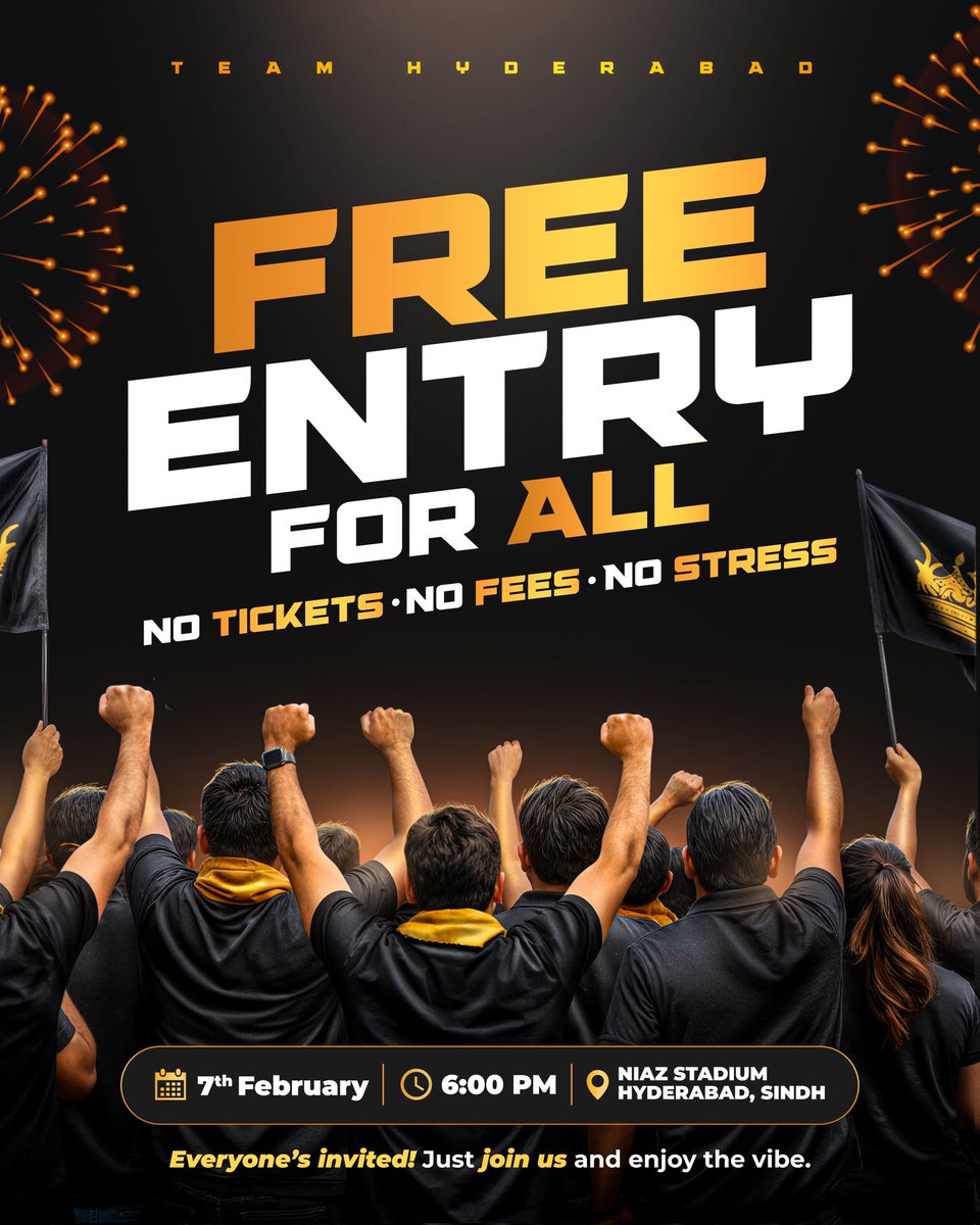 Yep, it’s 𝐅𝐑𝐄𝐄! 😌

No tickets. No fees. EVERYONE’S WELCOME! 🤗 

Bring your energy, not your wallet! 🎊

📅 Saturday, 7th February 2026
⏰ 6:00 PM | 🏟️ Niaz Stadium, Hyderabad