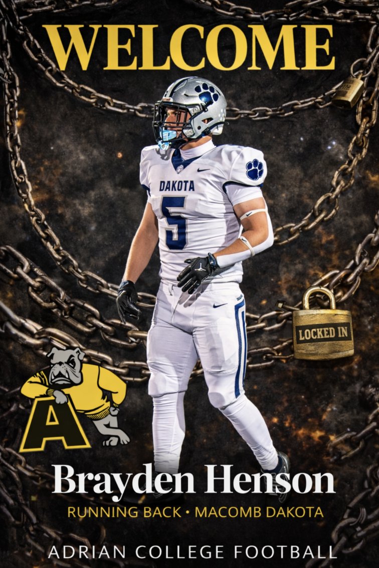 AdrianCollegeFB's tweet photo. Welcome to the Bulldog Family, @braydenhenson08 

#GDTBAB
#First25 https://t.co/IJ8nz19AeH