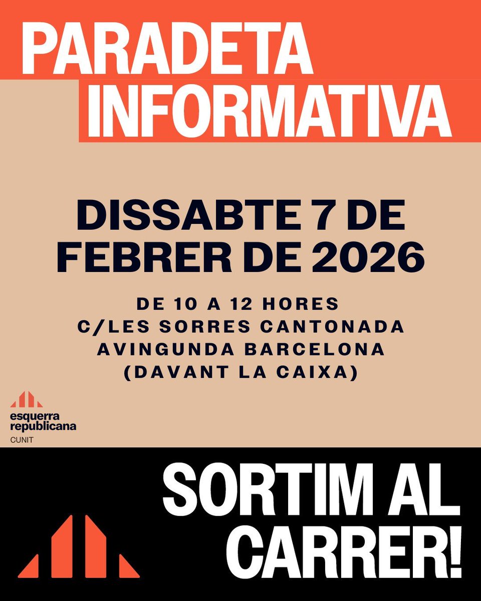 ErcCunit's tweet image. 📣 PARADETA INFORMATIVA – ERC CUNIT
Aquest dissabte 7 de febrer de 2026, sortim al carrer!
Ens trobaràs de 10 a 12 h a la cantonada del carrer Les Sorres amb l’Avinguda Barcelona (davant La Caixa).
Vine a saludar-nos, a compartir inquietuds i a conèixer-nos.
T’hi esperem! ✊🌹