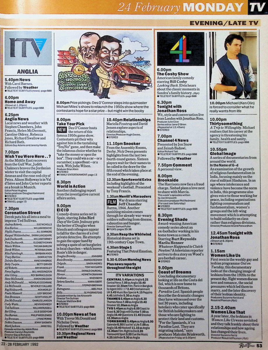 TvDidYouSee's tweet photo. #OnThisDay 24 February 1992 📺TV Listings
Derek cooks to impress in #CoronationStreet.
#DesOConnor hosts a revival of 1950s game show TAKE YOUR PICK.
#KarlHowman and #GeraldineMcEwan in new comedy MULBERRY.
#RayWinstone stars in drama UNDERBELLY, and #JohnBird with more EL CID. https://t.co/E5wgY9Mybq