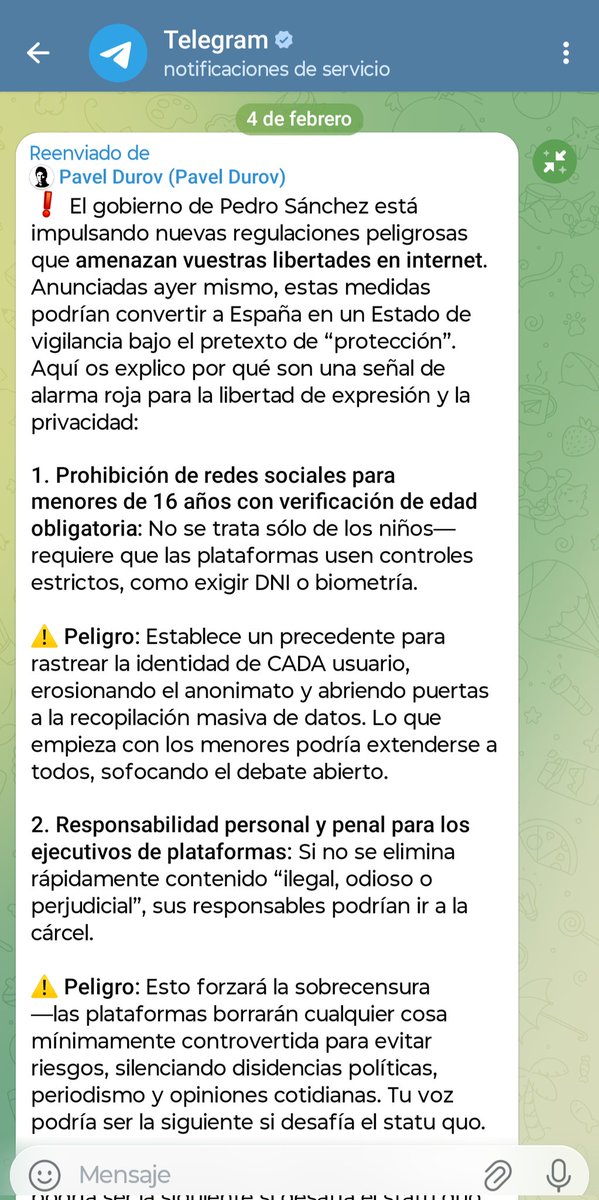 Telegram me envía este mensaje. Imagino a los dueños de los cines reclamando que las películas deberían ser todas aptas para cualquier público, o que las discotecas puedan aceptar que ingresen mejores de 16 años, etc. Algo hay que hacer xq las RRSS, son adictivas, no sé si la