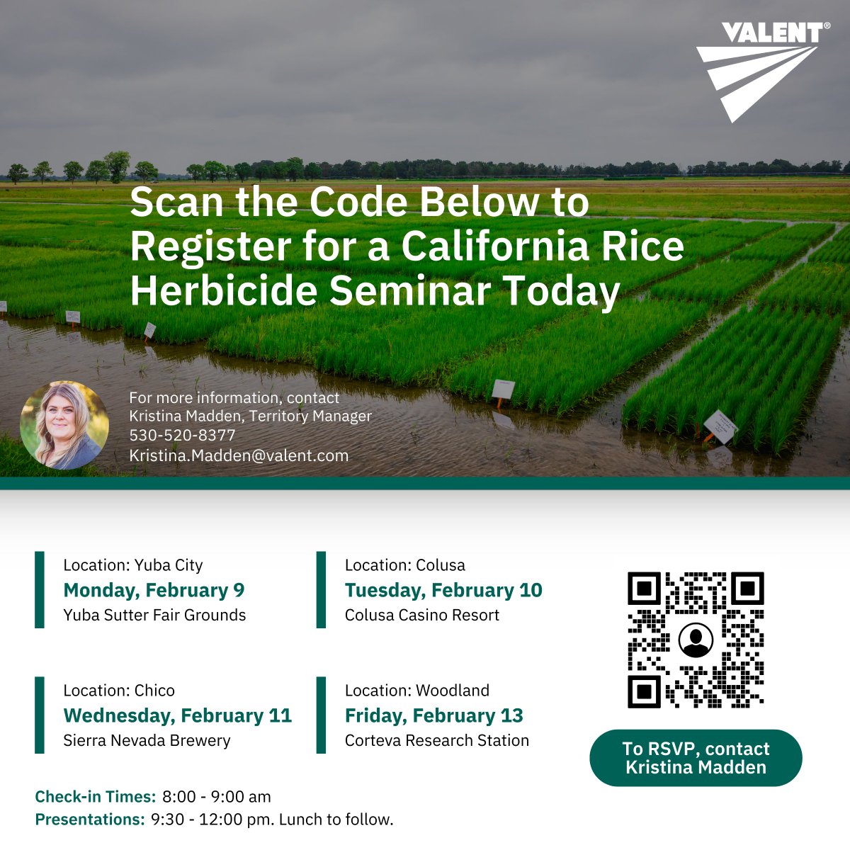 Valent U.S.A., in partnership with <a href="/GowanCo/">Gowan Company</a> and <a href="/CortevaUS/">Corteva U.S.</a>, invites California rice growers and PCAs to attend our California Rice Seminar Series on February 9, 10, 11, and 13 in Yuba City, Colusa, Chico, and Woodland.

🌱 What to Expect:
-Season-ready insights from local experts