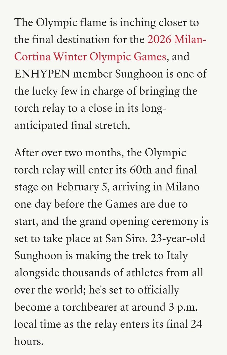 ตอนนี้ซองฮุนถึงมิลานโดยสวัสดิภาพ 💖✨ และทางสำนักข่าวรายงานว่า ซองฮุนจะเข้าร่วมเป็นผู้วิ่งถือคบเพลิง ช่วงเวลาประมาณ 15:00 น. ตามเวลาท้องถิ่น (หรือ 21:00 น. เวลาไทย) ซึ่งเป็น 24 ชั่วโมงสุดท้ายของการวิ่งคบเพลิงแล้ว

ซีนใหญ่มากๆ ㅠㅠㅠㅜㅜㅜ ทุกคนมารอเชียร์น้องกันเยอะๆน้า