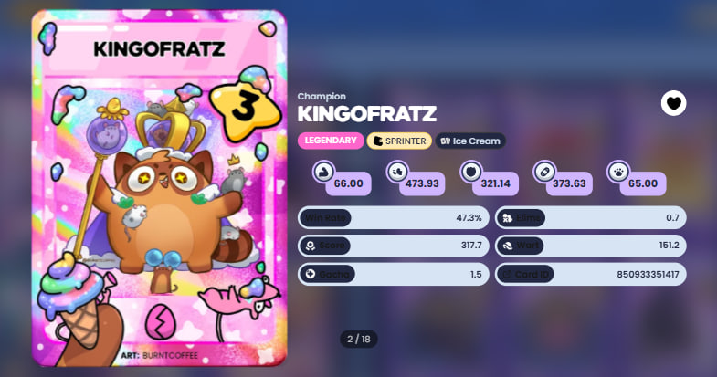 brisa_bit's tweet photo. Legendary KINGOFRATZ Champion Card:

I got this beautiful legendary card and I absolutely loved it.
The artwork is what stands out the most. Additionally, the RAINBOW ICE CREAM sticker gives it a unique and colorful touch 🍦

This is a KINGOFRATZ Champion Card, and due to its rarity, it comes with a x1.75 point multiplier, which makes it even more valuable within the game. At the level of historical statistics, it shows a balanced performance in win rate, score, and other match averages, which makes it interesting not only visually, but also from a strategic standpoint.

Overall, it’s a card that you fall in love with at first sight and that also adds a lot thanks to its rarity and its impact on points.

What do you think? It’s definitely beautiful! The crown, the staff, the stickers!

The king of the Mokis 👑

@Ronin_Network @Moku_HQ @Hantao @EduMock @Jihoz_Axie #kindcreator