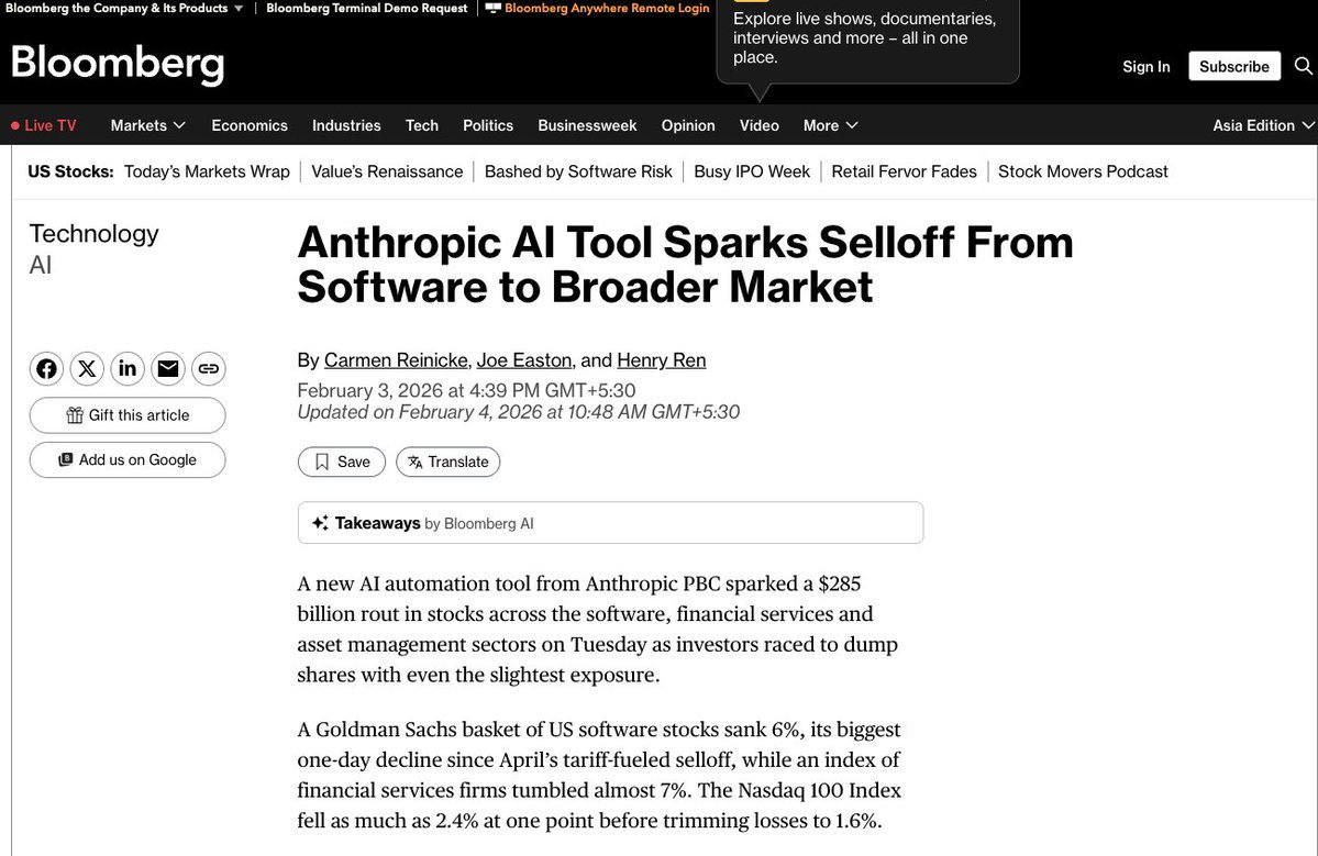 几小时内 2850 亿美元灰飞烟灭。 💸

Anthropic 发布了 11 个插件，纳斯达克就慌了。 为什么？ 因为第一次，一家基础模型公司无视了 API 层，直接吞噬了应用层。

Anthropic 不仅仅是发布了插件。他们发布了“SaaS 杀手”。

• RELX (法律): -14% • Wolters Kluwer (税务): -13% • 高盛软件篮子: -6%