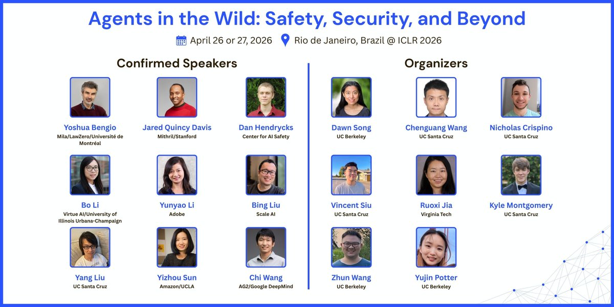 🚨 Last call for papers!
The submission deadline for the <a href="/iclr_conf/">ICLR 2026</a> 2026 workshop — Agents in the Wild: Safety, Security, and Beyond is tomorrow (Feb 5, 2026, AoE) for both regular and short paper tracks!

📝 Submit here: openreview.net/group?id=ICLR.…

🙏 Thanks to Agentic AI Weekly
