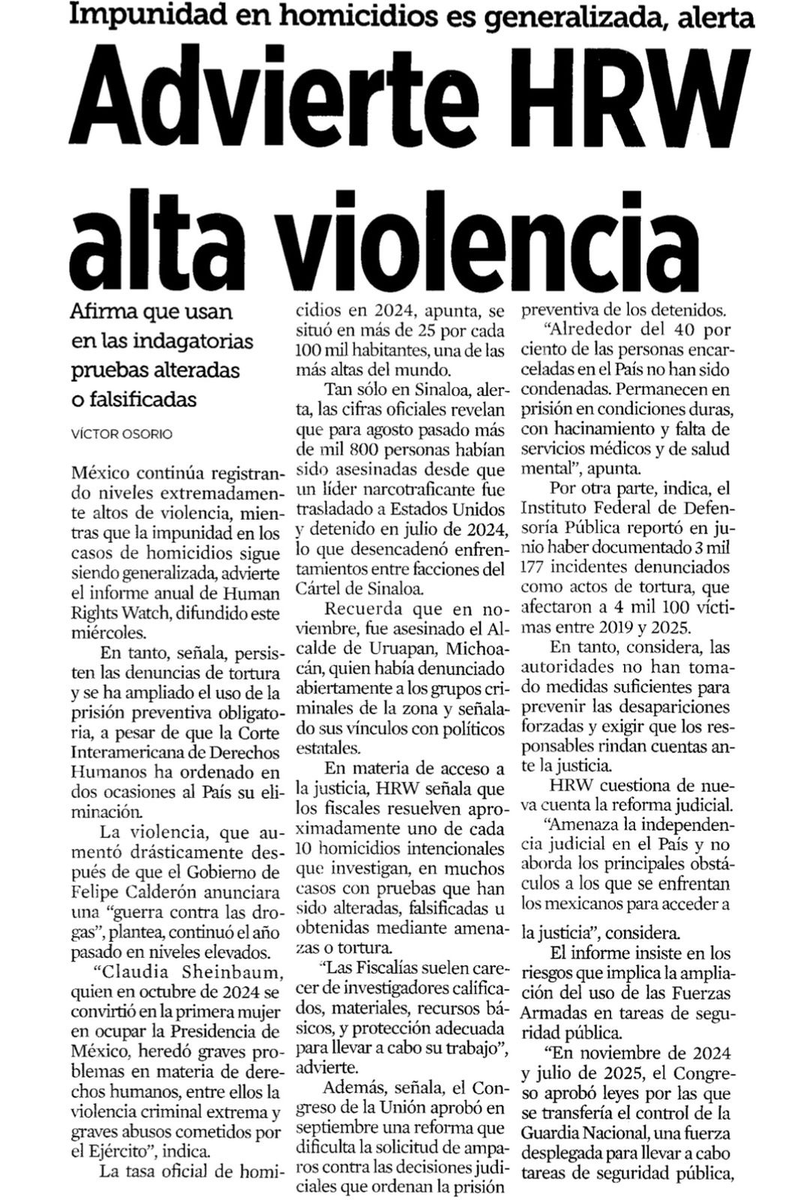 Hoy <a href="/hrw_espanol/">Human Rights Watch</a> publicó su Informe Mundial 2026 que analiza prácticas de #DDHH. Sobre #México, refiere la crisis de violencia que atraviesa el país, el retroceso democrático, la persistencia de impunidad generalizada, desapariciones y los abusos de las Fuerzas Armadas. Abrimos