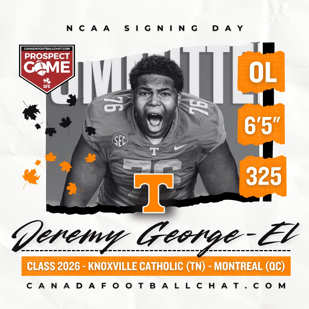 chatfootball's tweet image. Congratulations to #CFCProspectGame alumnus and #51st ranked #CFC100 OL @jeremygeorge0 on signing with @Vol_Football! 🐶🟠

George-El originally hails from Montreal, Quebec where he played at Dalbe-Viau before completing his high school journey at Knoxville Catholic in Tennessee!