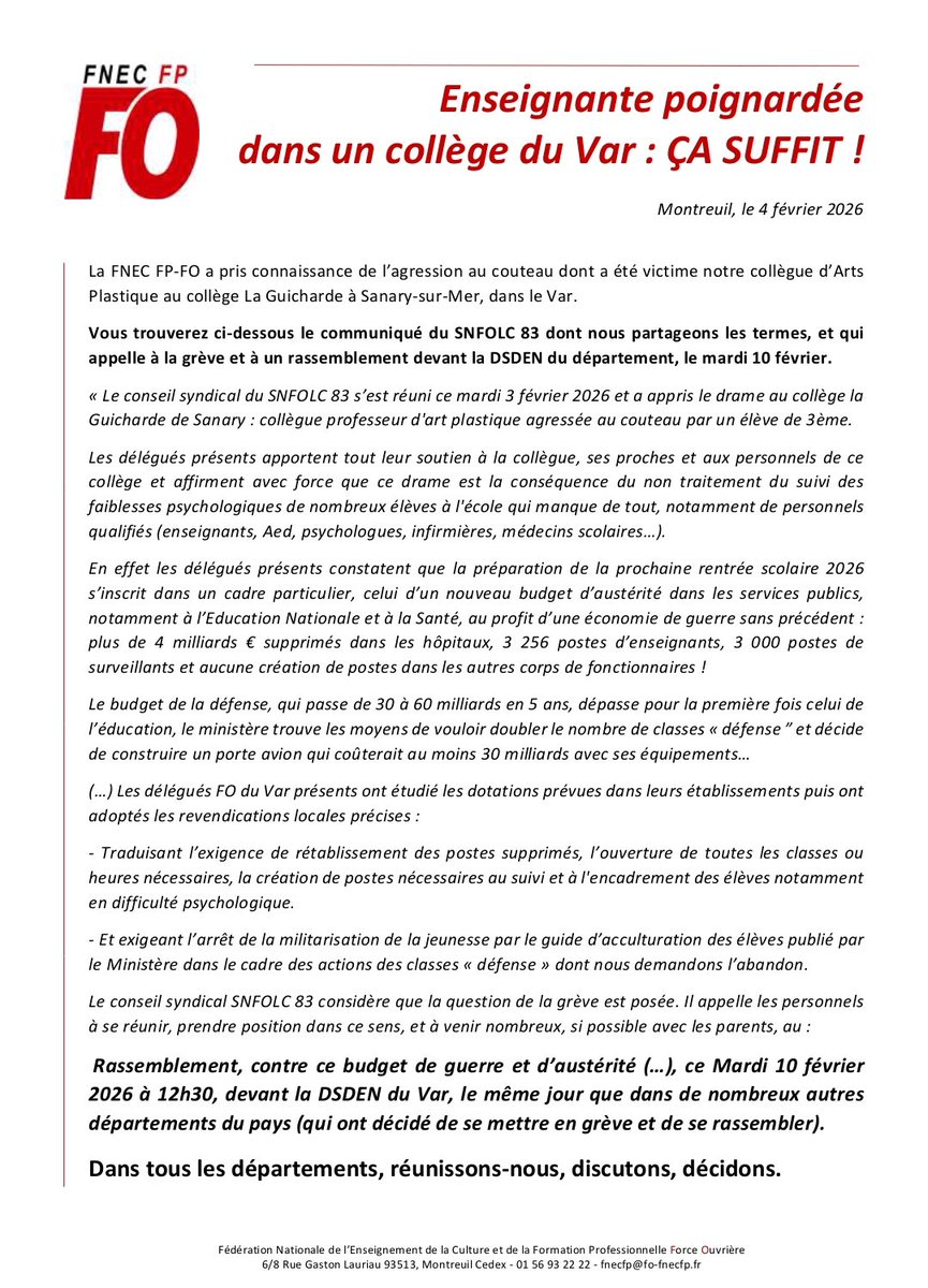 Communiqué de nos camarades du Var qui appellent à la grève mardi 10 février avec rassemblement devant la DSDEN.