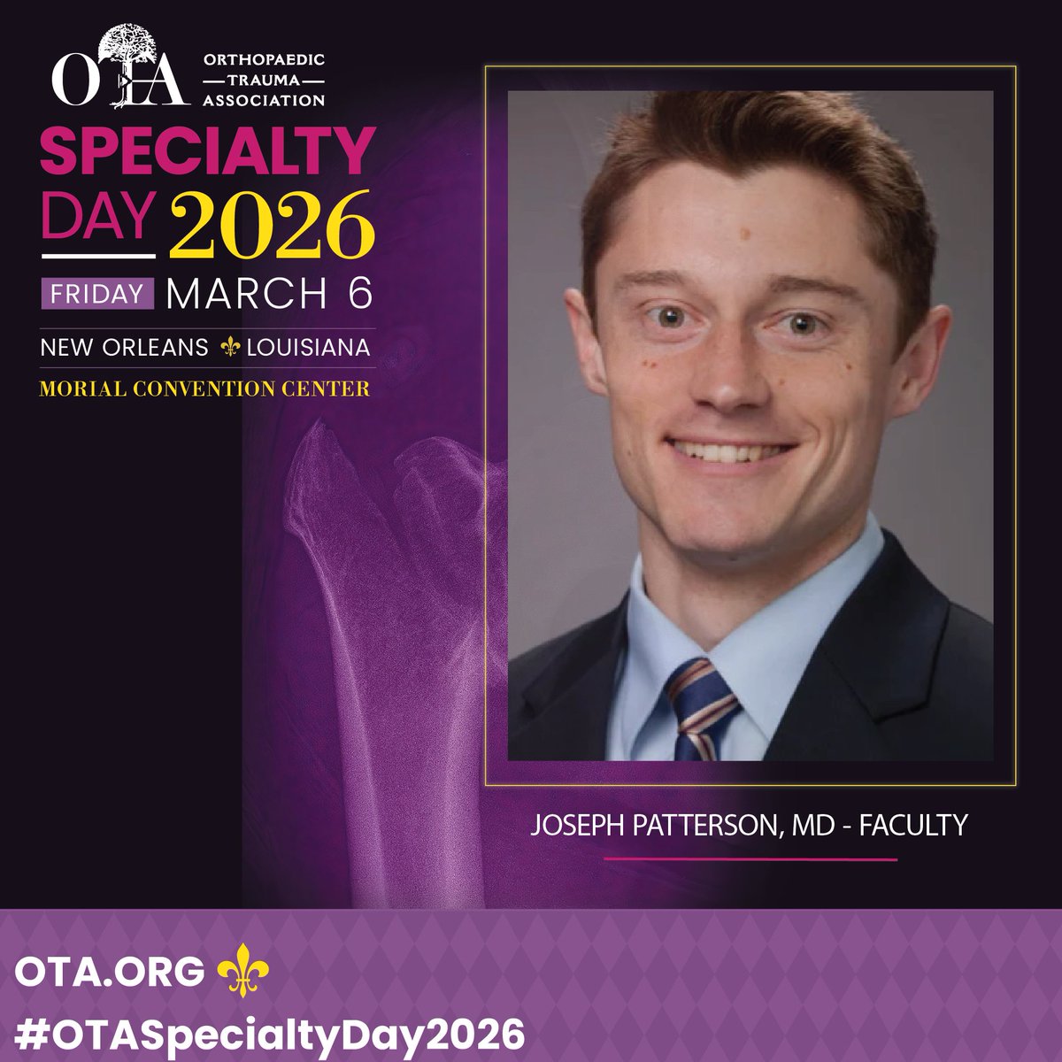 otatrauma's tweet photo. “I am attending the OTA specialty day at the AAOS meeting to stay up-to-date on how expert surgeons are treating the fractures we all see on call. Come learn the latest strategies and tricks for treating common fractures presenting to your hospital in a fun and effective one-day format. We will also cover practice-changing updates in skin prep, antibiotics, and anticoagulation from the best papers of the Orthopedic Trauma Association 2026 meeting." Joseph Patterson, MD – Faculty
 
For full details and registration visit https://t.co/ffcrVmCPx8