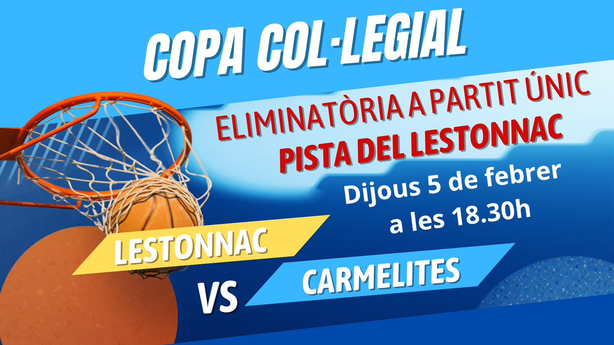 carmelitestgn's tweet image. #ADMXC #POSTC dijous 5 de febrer, a les 18.30h i, si la pluja no ho impedeix, partit de la @CopaColegialCat entre Lestonnac i Carmelites! Som-hi equip! #viucarmelites #ensagradaelbasquet
