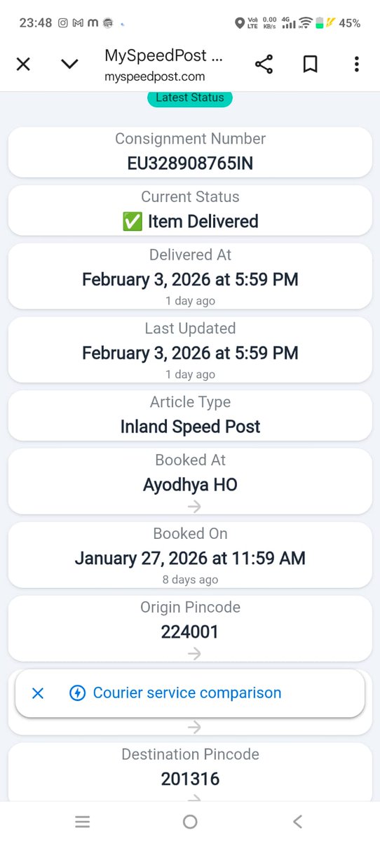 rintusrivastava's tweet photo. #PMOIndia #NarendraModi #JyotiradityaScindia #CMYogiAdityanath #indiapostoffice #noidapostoffice #PMO #customersupportindiapostoffice
Dear sir,
Kindly help to delivered my speed post parcel Consignment no-EU328908765IN
TRACKING ID SHOWING DELIVERED BUT STILL NOT DELIVER https://t.co/kcuAjIpoLh