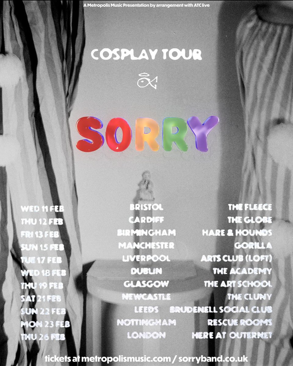 sorryarchive's tweet photo. Sorry's UK and Europe tour starts next week 🦋 last minute tickets: https://t.co/53lmzBmMDs https://t.co/gAI3fk39yn