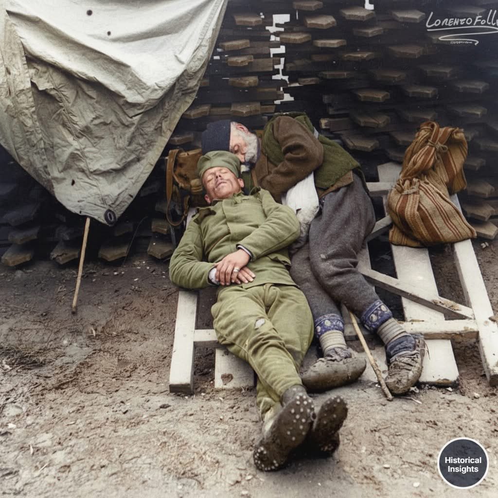Serbian dad and son sleeping on the frontline in 1915 near Belgrade. The old man came to visit his boy.