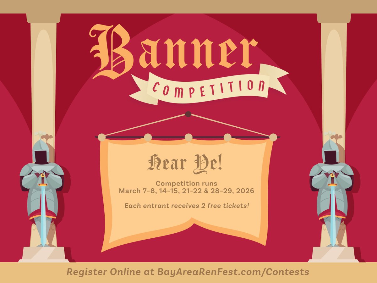 Create a Royal-themed banner for the Festival! Drop off by Feb. 13 or Feb. 14-15 (registration required) to earn 4 free 2026 Festival tickets. Vote online for your favorites after the weekend!

Full rules: bayarearenfest.com/contests 

#BayAreaRenaissance #ExploreBayArea #Huzzah