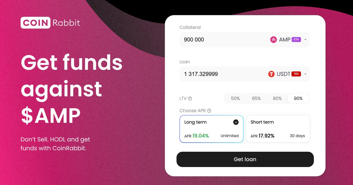 Hold your $AMP &amp; use its value.

CoinRabbit lets you access liquidity without selling what you believe in.
 Collateralize #AMP, get funds in 10 min, and move capital where it matters most.

Get started → tw.coinrabbit.io/cash