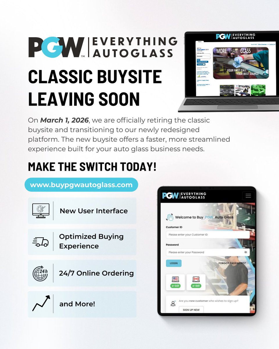The PGW Classic Buysite is retiring.

On March 1, 2026, all orders will move to our newly redesigned buysite. It’s faster, easier to use, and built to better support your auto glass business.

Start using the new site today: buypgwautoglass.com!

#PGW #AutoGlass #windshield