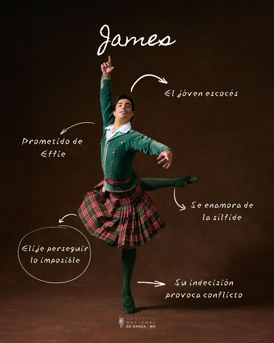 CNDanzaMX's tweet photo. #ConoceA James, un joven escocés a punto de casarse. La aparición de una hermosa Sílfide lo empuja a seguir lo imposible y a tomar decisiones que marcarán su destino.
🩰 Acompáñalo a decidir entre el deber y el deseo en La Sílfide y el Escocés de la #CNDMx. https://t.co/osGjjObnAG