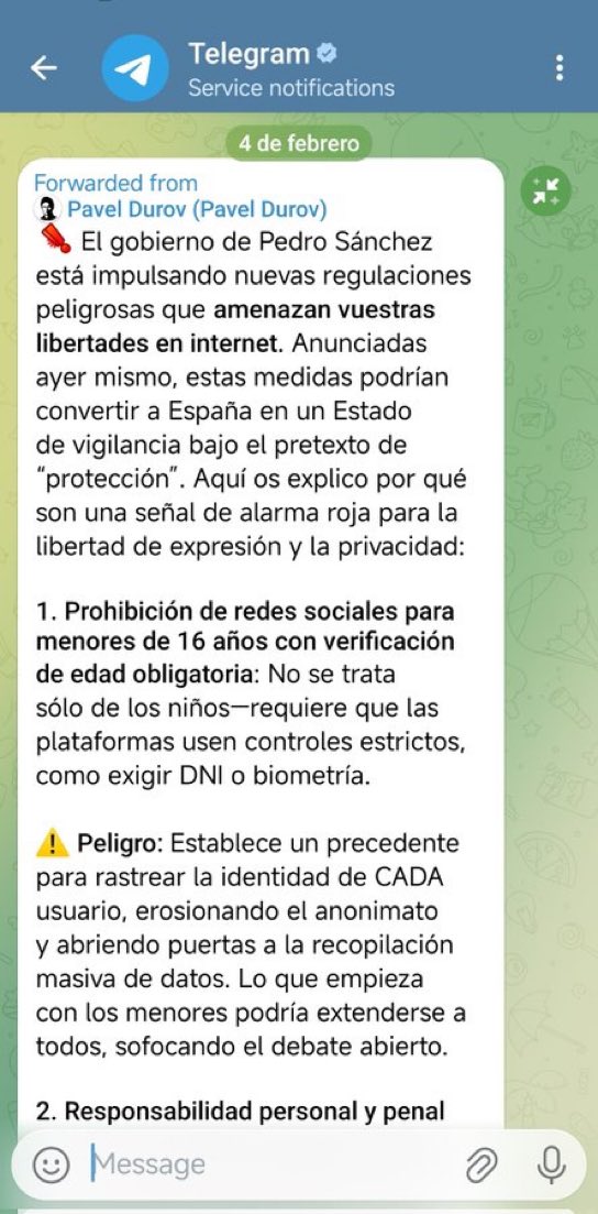 🇪🇸 | Mensaje de Pavel Durov a los usuarios de Telegram en España tras la decisión de Sánchez de regulación de las redes sociales en el país:

"El gobierno de Pedro Sánchez está impulsando nuevas regulaciones peligrosas que amenazan tus libertades en internet. Anunciadas justo