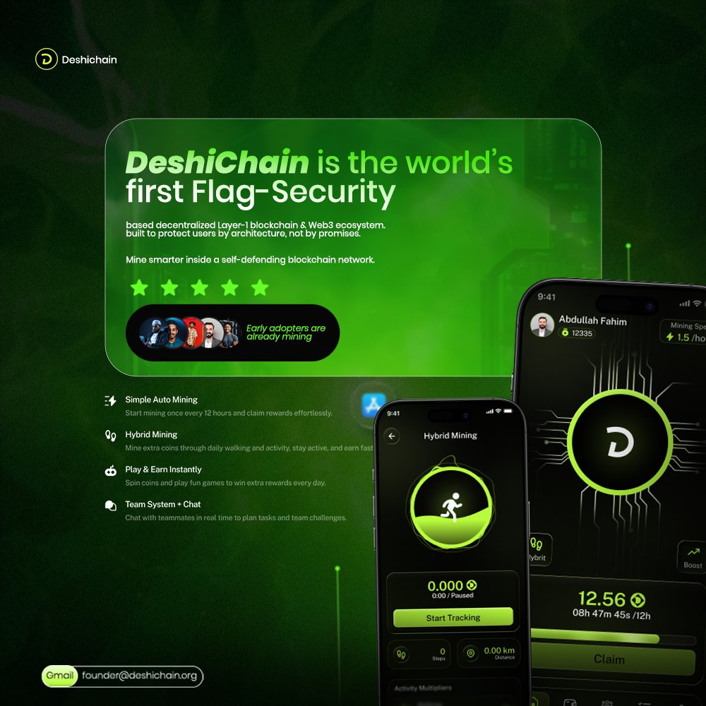 If you missed #Bitcoin, don’t miss #DeshiCoin Start Mining Free Now! 🚀

While others react to hacks, DeshiChain prevents them by design.

🔐 World’s first Flag-Security™ powered
🤖 AI Secured | ⚛ Quantum-Ready (PQC) | 🛡 Rug Protected |
💥100M max supply
⏳  Mine every 12