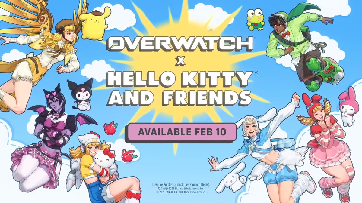 Overwatch2_NEWS's tweet image. 【速報】オーバーウォッチ×サンリオコラボが開催

■新スキン
・ハローキティ×ジュノ
・シナモロール×キリコ
・けろけろけろっぴ×ルシオ
・クロミ×ウィドウ
・ポムポムプリン×マーシー
・マイメロディ×Dva