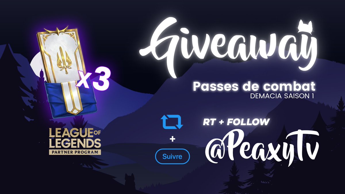 Instant #Giveaway grâce au #LeaguePartner !

🎁 3 passes de combat de cette saison Demacia 

🔁RT ce tweet
✅Follow <a href="/PeaxyTV/">Peaxy ❀˖°</a> 

TAS prévu le 22/02, bonne chance à tous ! 🍀