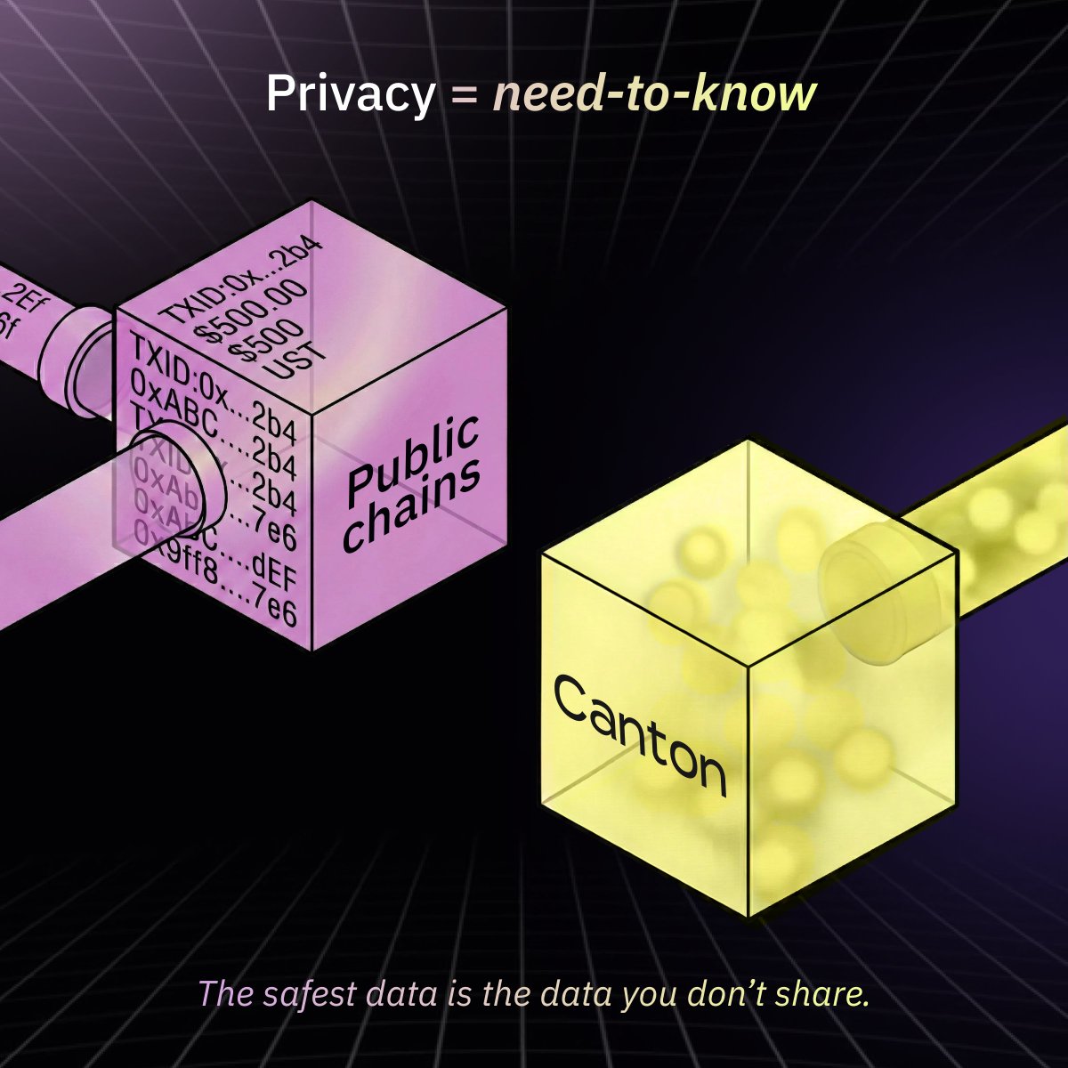CantonNetwork's tweet photo. Public chains broadcast everything to everyone. Canton doesn’t.

On Canton, need-to-know privacy is built into the asset + smart contract, so only the right parties can see, store, validate, and audit the data. https://t.co/vCf6zH2XxW