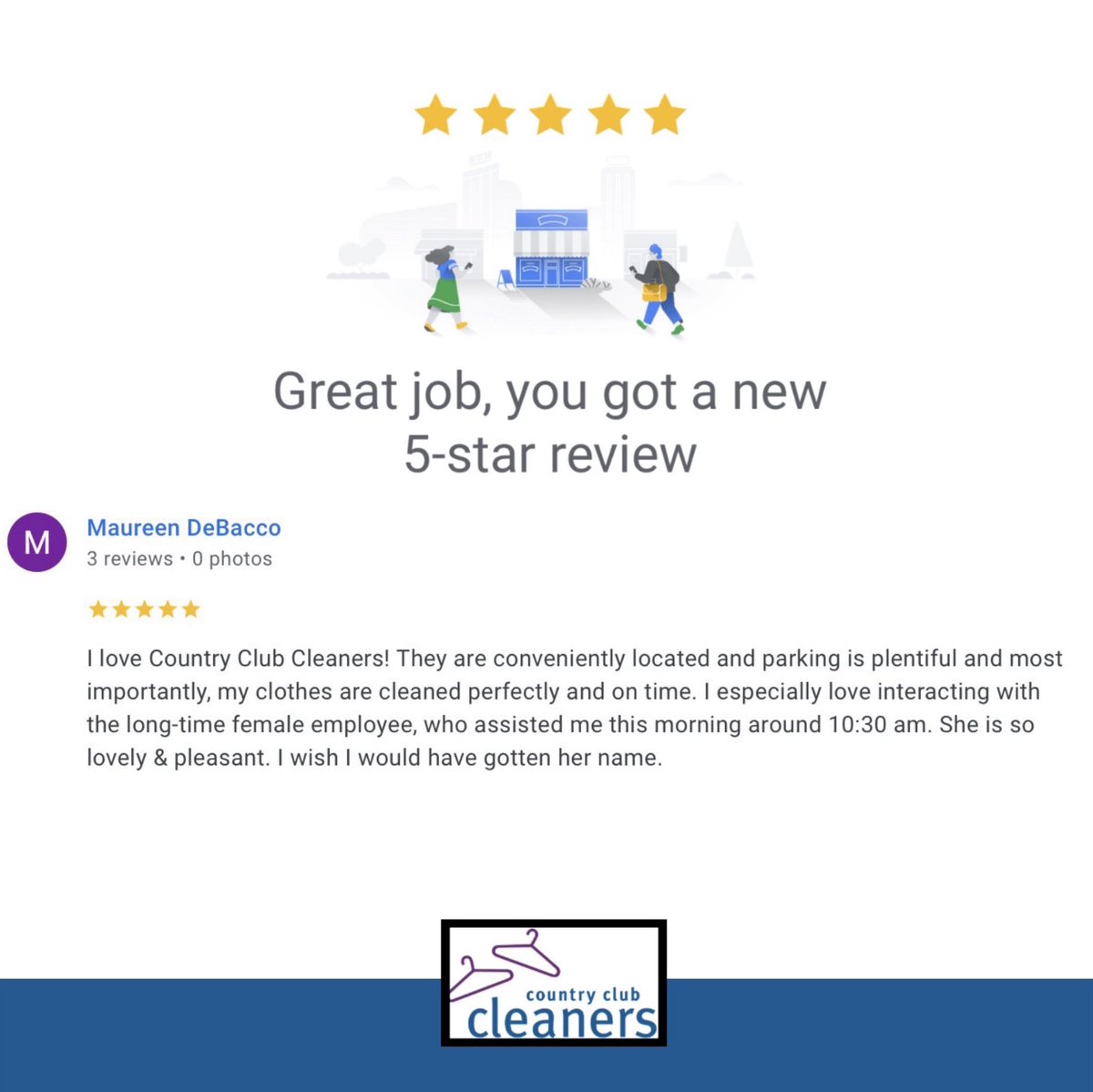 CCCleanersCA's tweet photo. Thanks for the great review Maureen! #countryclubcleaners #pickupanddeliverydrycleaning #fivestargooglereview #drycleaning #washandfold https://t.co/fQFLeODvk3