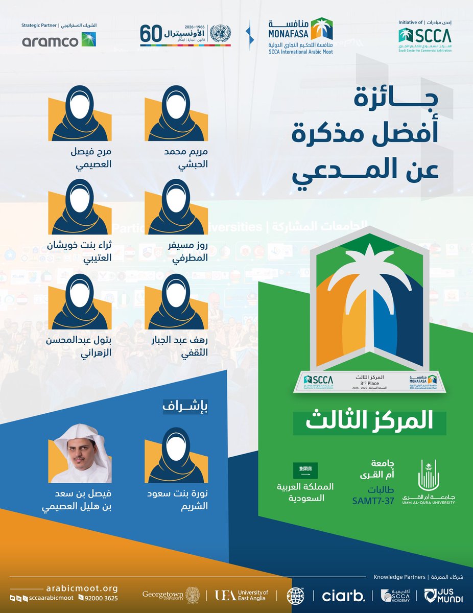 uqu_cjsr's tweet photo. تبارك كلية الدراسات القضائية والأنظمة لطلابها ممثلي جامعة أم القرى في #منافسة_التحكيم_التجاري_الطلابية7️⃣ بالشطرين، تتويجهم في ست جوائز، كـ: 

✨ أفضل مترافع عن المدعي:
في المركز السادس: روز مسيفر المطرفي
في المركز التاسع: ثراء خويشان العتيبي

✨ أفضل مترافع عن المدعى عليه: 
في المركز الثالث: عمر بن وسيم معلّم
في المركز الرابع: مهند بن فيصل العامري

✨ أفضل مذكرة عن المدعي:
فريق طالبات أم القرى (المركز الثالث) 

✨أفضل مذكرة عن المدعى عليه:
فريق طالبات أم القرى (المركز الخامس)

 متمنين لهم دوام التوفيق والنجاح🎉