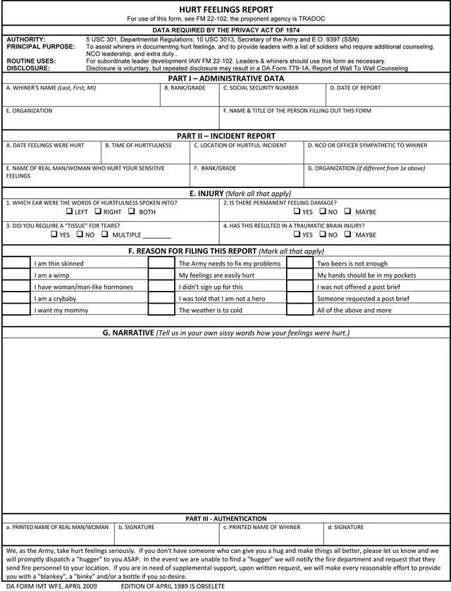 TikiTalky's tweet photo. @mikehel00146761 @MilitaryCooI lol. My favorite one was my LT found a hurt feelings report for the platoon. It was similar (not sure if it was the same, no one ever used it.) https://t.co/dF0KhNWvJo