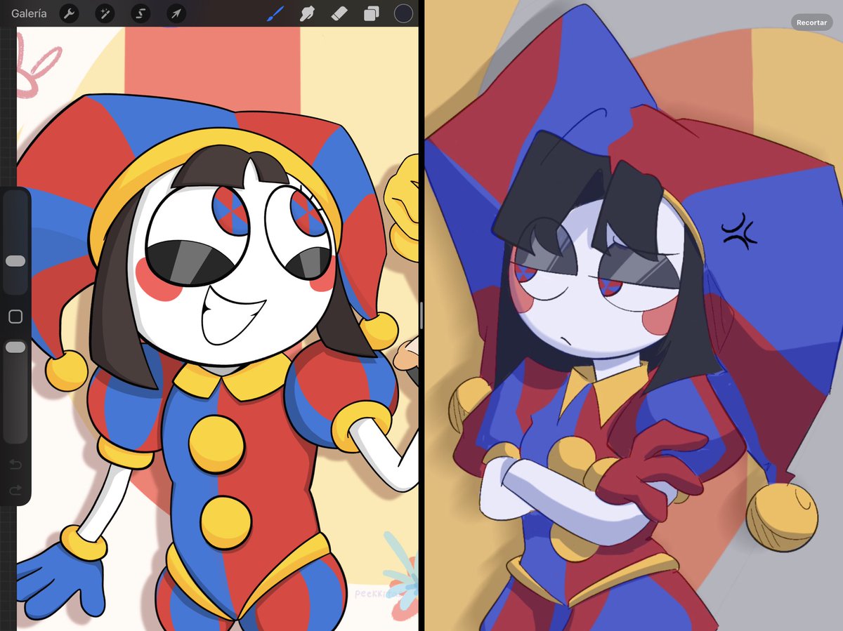 My first drawing of Pomni VS My most recent drawing of Pomni