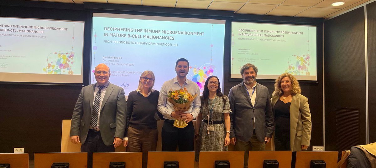 MartaCrespoHEM's tweet photo. We have a new PhD in the lab! Yesterday @danimedinabio brilliantly defended his thesis entitled ‘Deciphering immune microenvironment in mature B-cell malignancies’ in front of a top committee. José Ángel Hernández Rivas, Silvia Deaglio and Eva Martínez. 🎉🥳 https://t.co/ShrjByp86l
