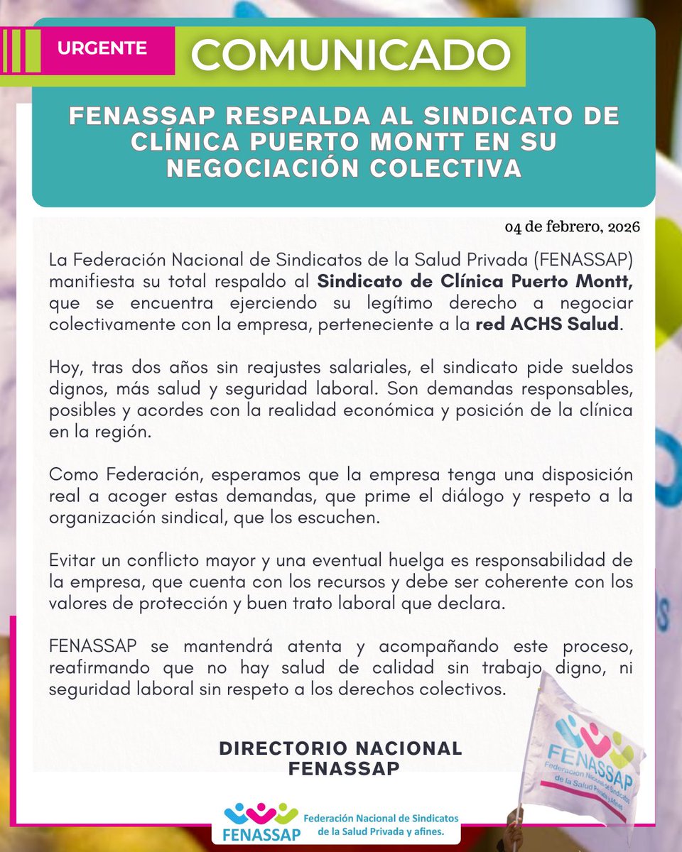 <a href="/fenassap/">FENASSAP</a> manifiesta su pleno respaldo a nuestr@s afiliad@s de la zona sur Sindicato Clínica Puerto Montt <a href="/ClinicaMon28621/">Sindicato Clínica Puerto Montt</a> quienes están en proceso de negociación colectiva con la empresa; perteneciente a <a href="/Achs_salud/">Achs Salud</a> El sindicato plantea demandas justas tras dos años sin mejoras.