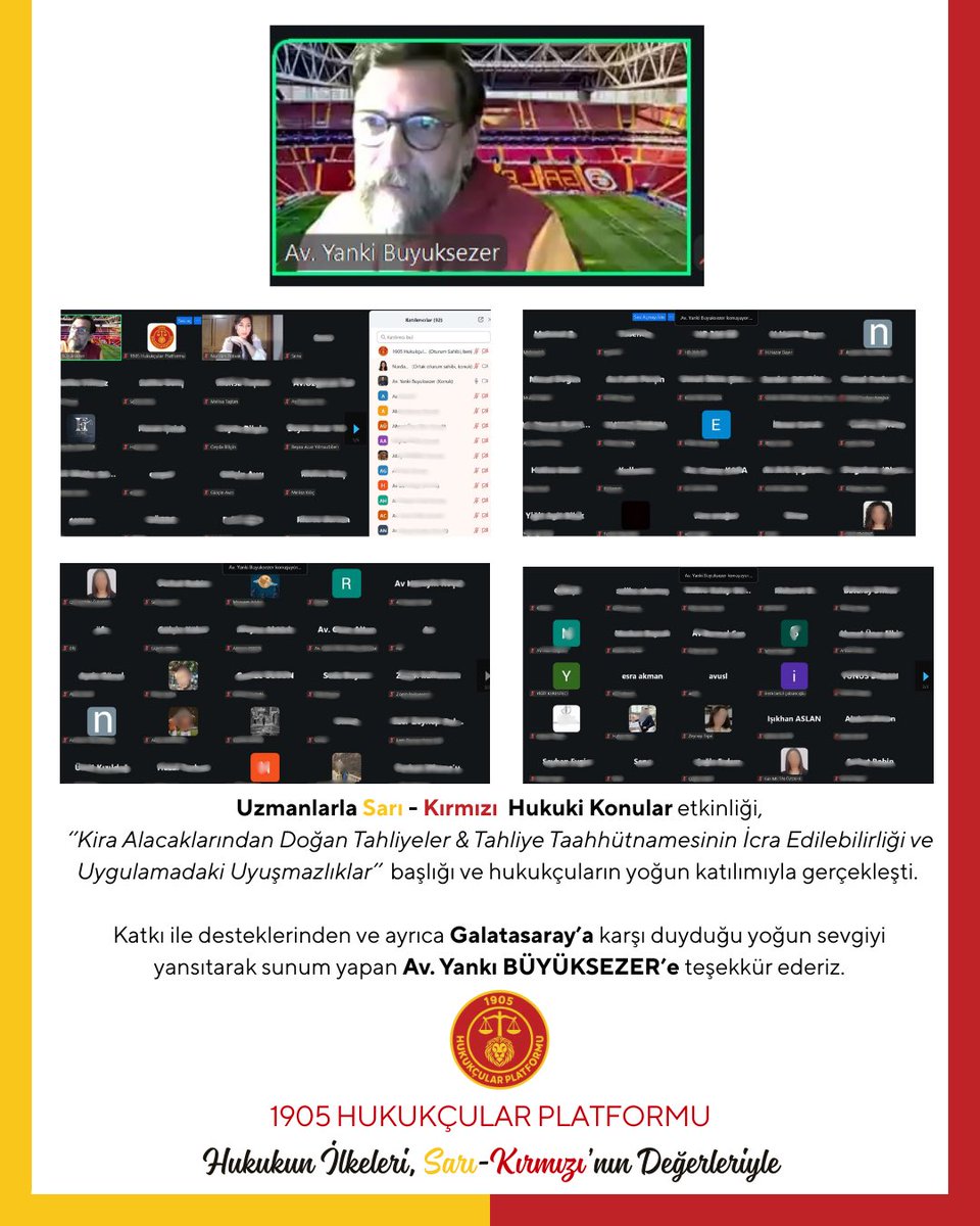 Uzmanlarla Sarı - Kırmızı  Hukuki Konular etkinliği,
‘’Kira Alacaklarından Doğan Tahliyeler &amp; Tahliye Taahhütnamesinin İcra Edilebilirliği ve Uygulamadaki Uyuşmazlıklar’’  başlığı ve hukukçuların yoğun katılımıyla gerçekleşti.

Katkı ile desteklerinden ötürü ve ayrıca