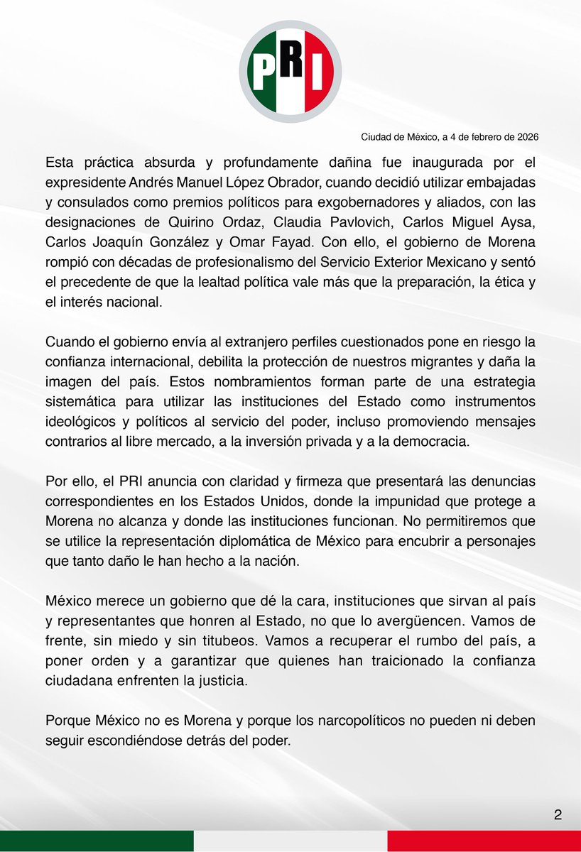El PRI denuncia el uso político de la red consular y la designación de perfiles vinculados a la corrupción.