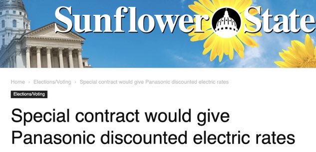 Philip_Sarnecki's tweet photo. ‼️According to news reports, the state of Kansas is about to rubber stamp a discounted energy deal to a FOREIGN COMPANY, Panasonic, while energy costs are going up for working families in Kansas. This is wrong. 
 
First, senate leadership gives $1 BILLION to the foreign company in tax incentives and now they are allowing discounted energy? The legislature must take action to stop this IMMEDIATELY!