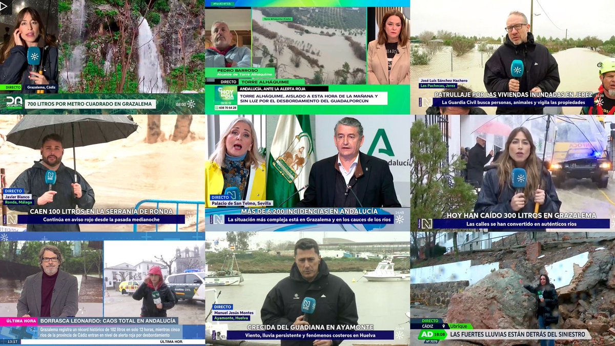 Enorme el trabajo de los profesionales de <a href="/CSurNoticias/">CanalSurNoticias</a> <a href="/HoyEnDiaCSTV/">Hoy En Día Canal Sur TV</a> <a href="/MAS_CanalSur/">'Mesa de Análisis' MÁS+CanalSur</a> <a href="/adirecto/">Andalucía Directo ❎</a> <a href="/CanalSurRadio/">Canal Sur Radio</a> <a href="/canalsurmas/">CanalSur Más</a> y las delegaciones informando en directo desde primera de la mañana de las consecuencias de la #BorrascaLeonardo en Andalucía. #serviciopublico