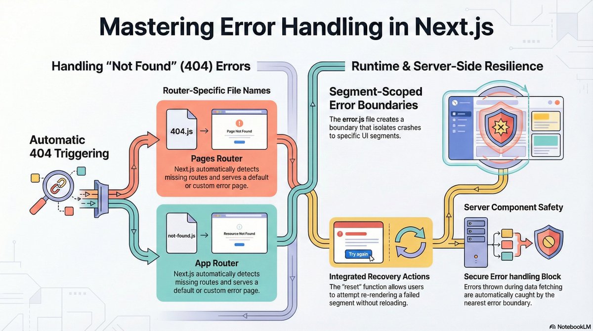 see_the_sahoo's tweet photo. 🚨 Next.js Interview Tip 👇
Next.js handles errors with built-in 404 &amp; 500 pages and supports custom error handling using error.js and not-found.js (App Router).
A must-know for real-world apps &amp; interviews 🚀
#NextJS #ReactJS #WebDev #InterviewQuestion https://t.co/5dqbH5nNQJ