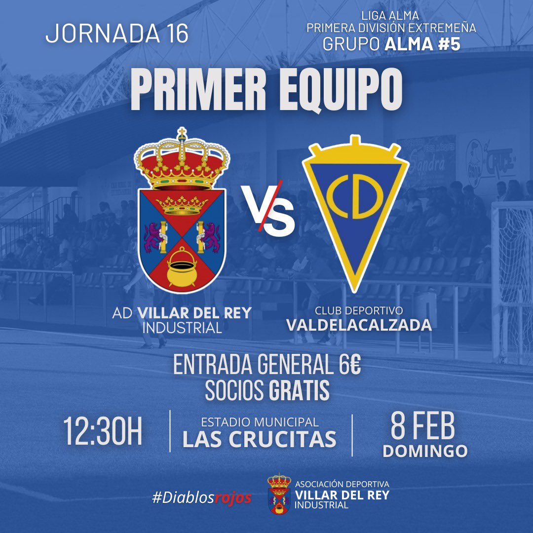 🏆 Jornada 16 de Liga 

🆚 C.D Valdelacalzada 

📆 8 de Febrero 

⌚ 12:30 H 

🏟️ Campo Municipal Las Crucitas 

🎫 Entrada: 6€ 

👦 Hasta 15 años gratis 

🎟️ Socios: Gratis